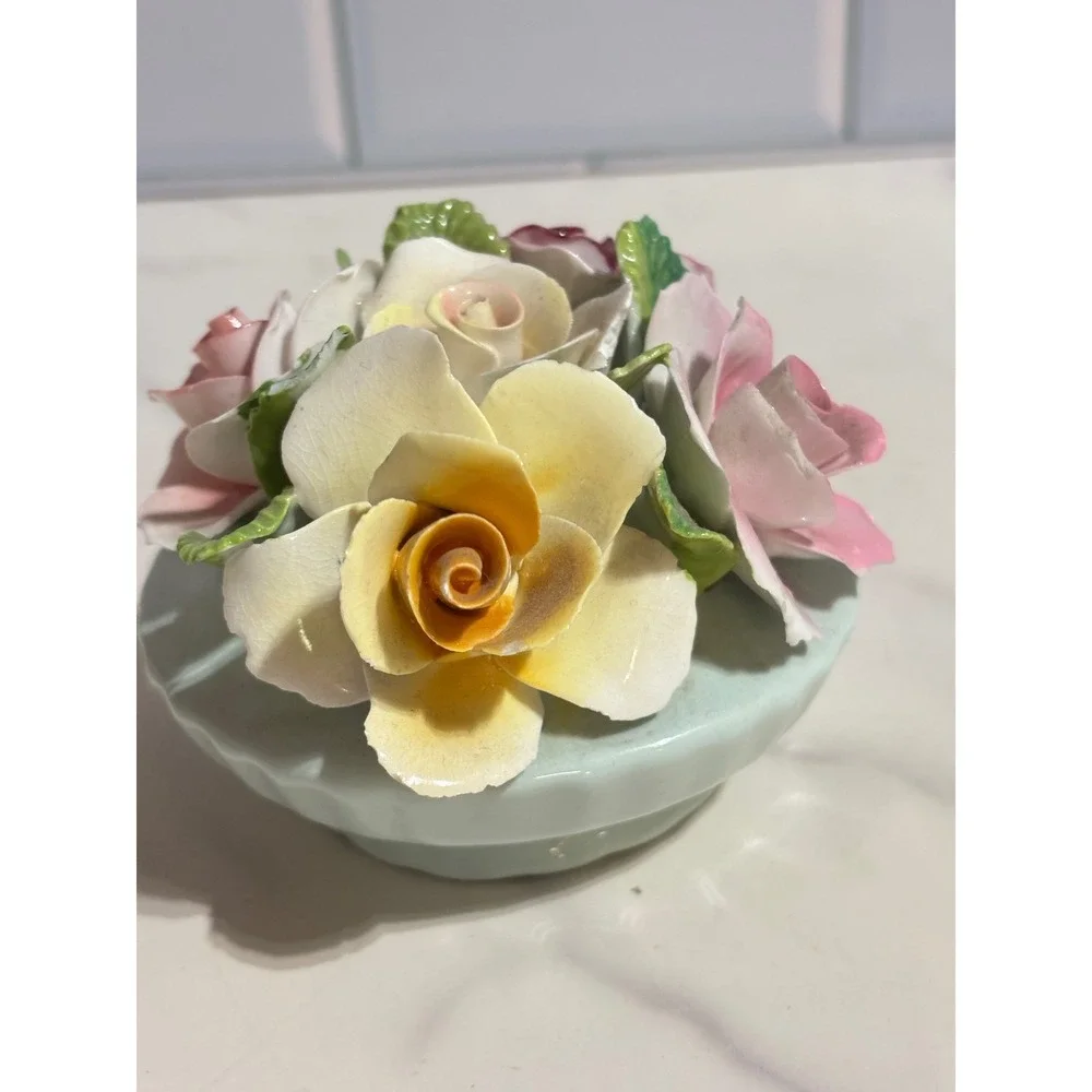 Vintage Porcelain Rose Floral Cluster Figurine Pink Yellow Burgundy Bouquet